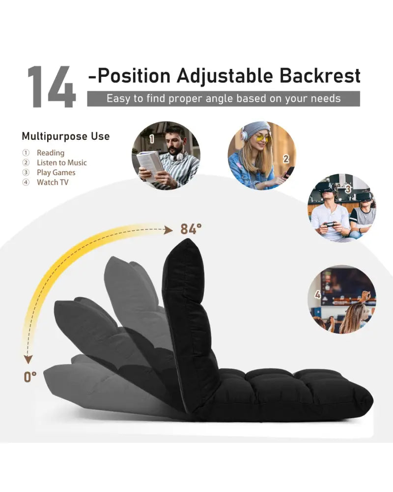 14-Position Adjustable Folding Lazy Gaming Sofa-Black - Black - Floor Chairs