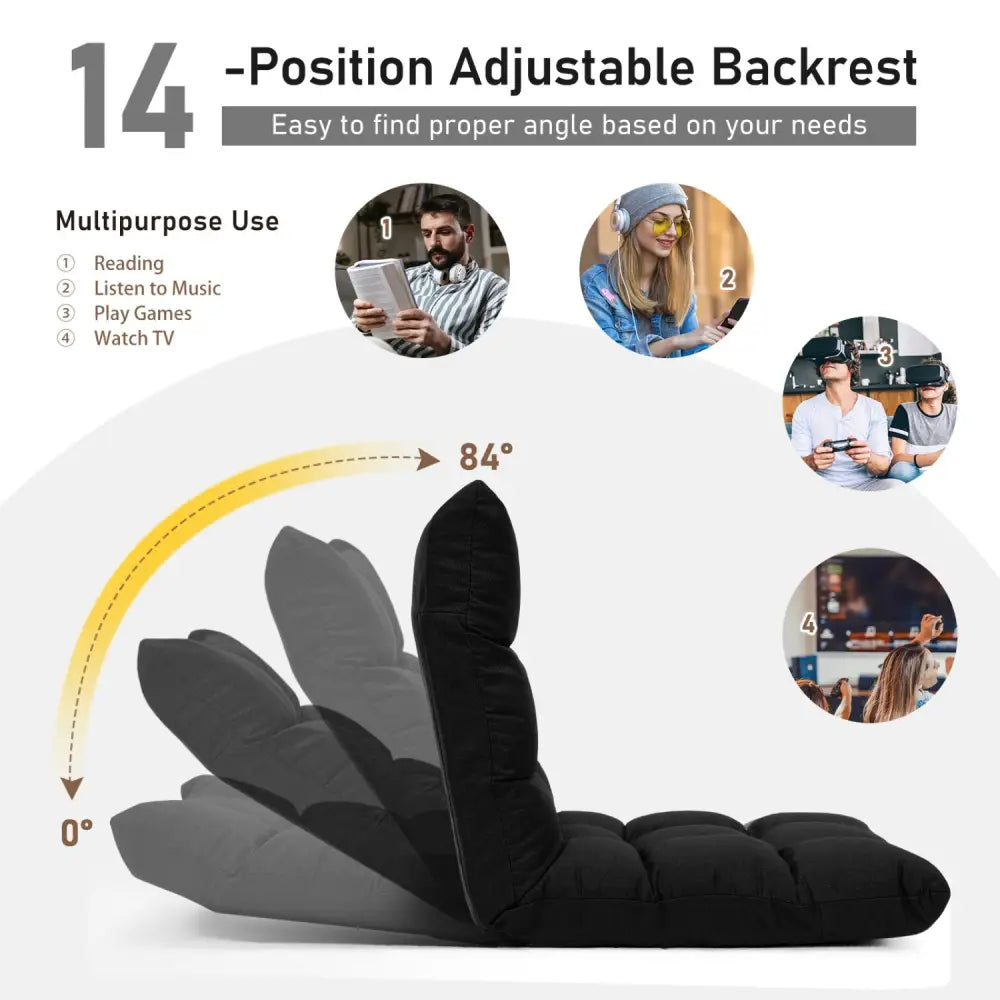 14-Position Adjustable Folding Lazy Gaming Sofa-Black - Black - Floor Chairs