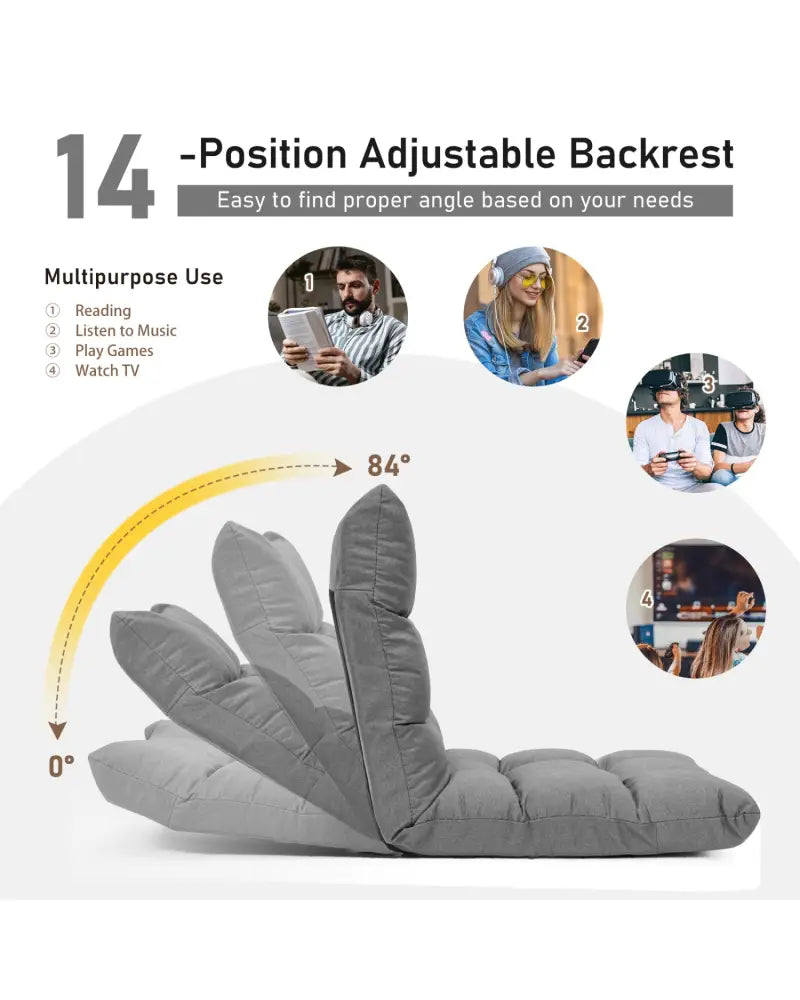 14-Position Adjustable Folding Lazy Gaming Sofa-Gray - Gray - Floor Chairs