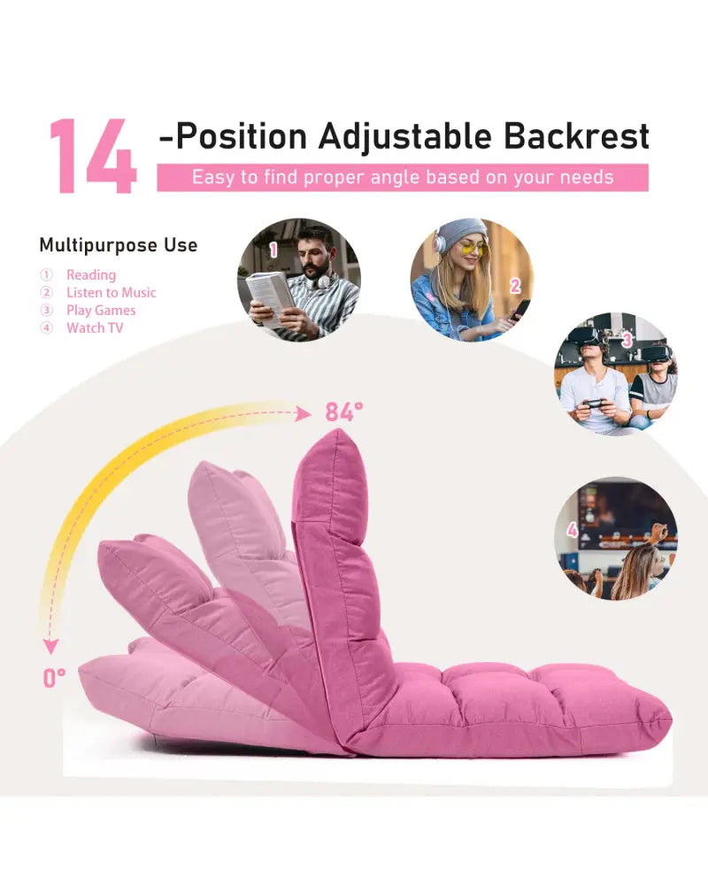 14-Position Adjustable Folding Lazy Gaming Sofa-Pink - Pink - Floor Chairs