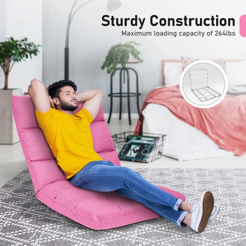 14-Position Adjustable Folding Lazy Gaming Sofa-Pink - Pink - Floor Chairs