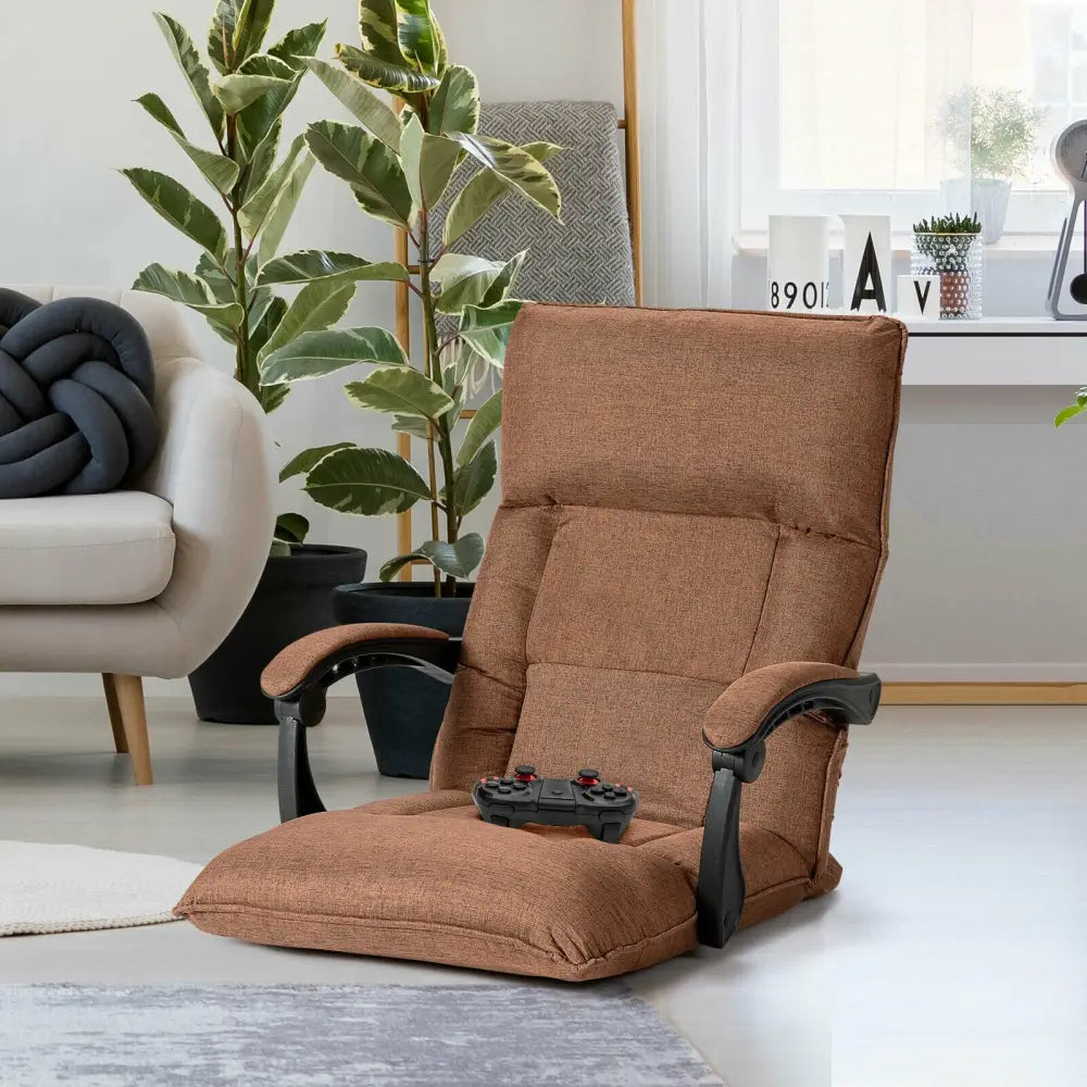 14-Position Adjusting Lazy Sofa Chair with Waist Pillow and Armrests-Coffee - Brown - Floor Chairs