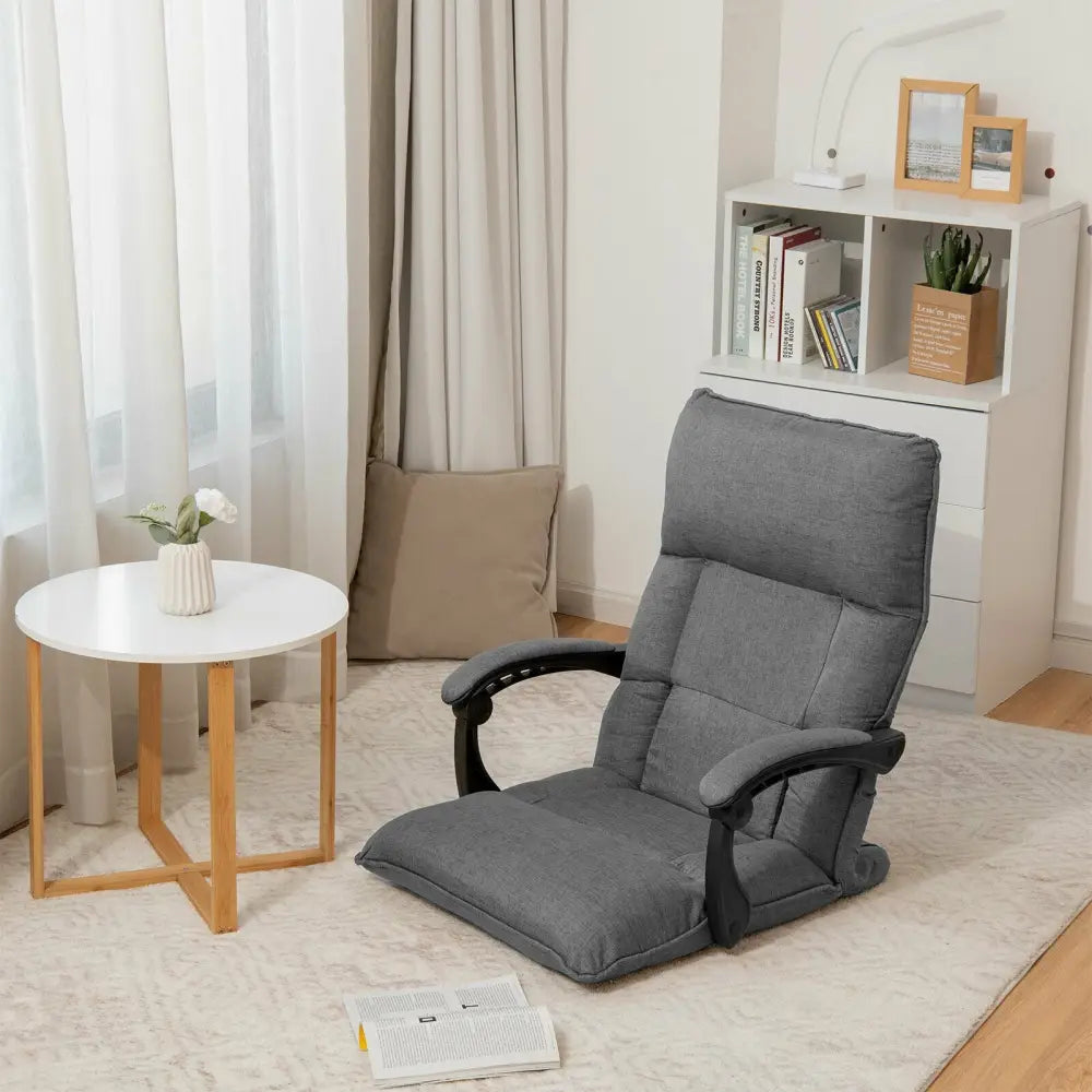 14-Position Adjusting Lazy Sofa Chair with Waist Pillow and Armrests-Gray - Gray - Floor Chairs