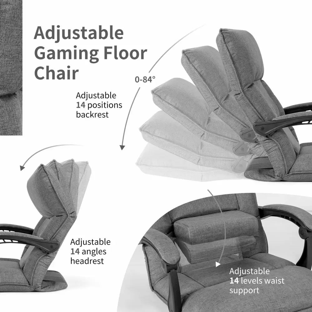 14-Position Adjusting Lazy Sofa Chair with Waist Pillow and Armrests-Gray - Gray - Floor Chairs
