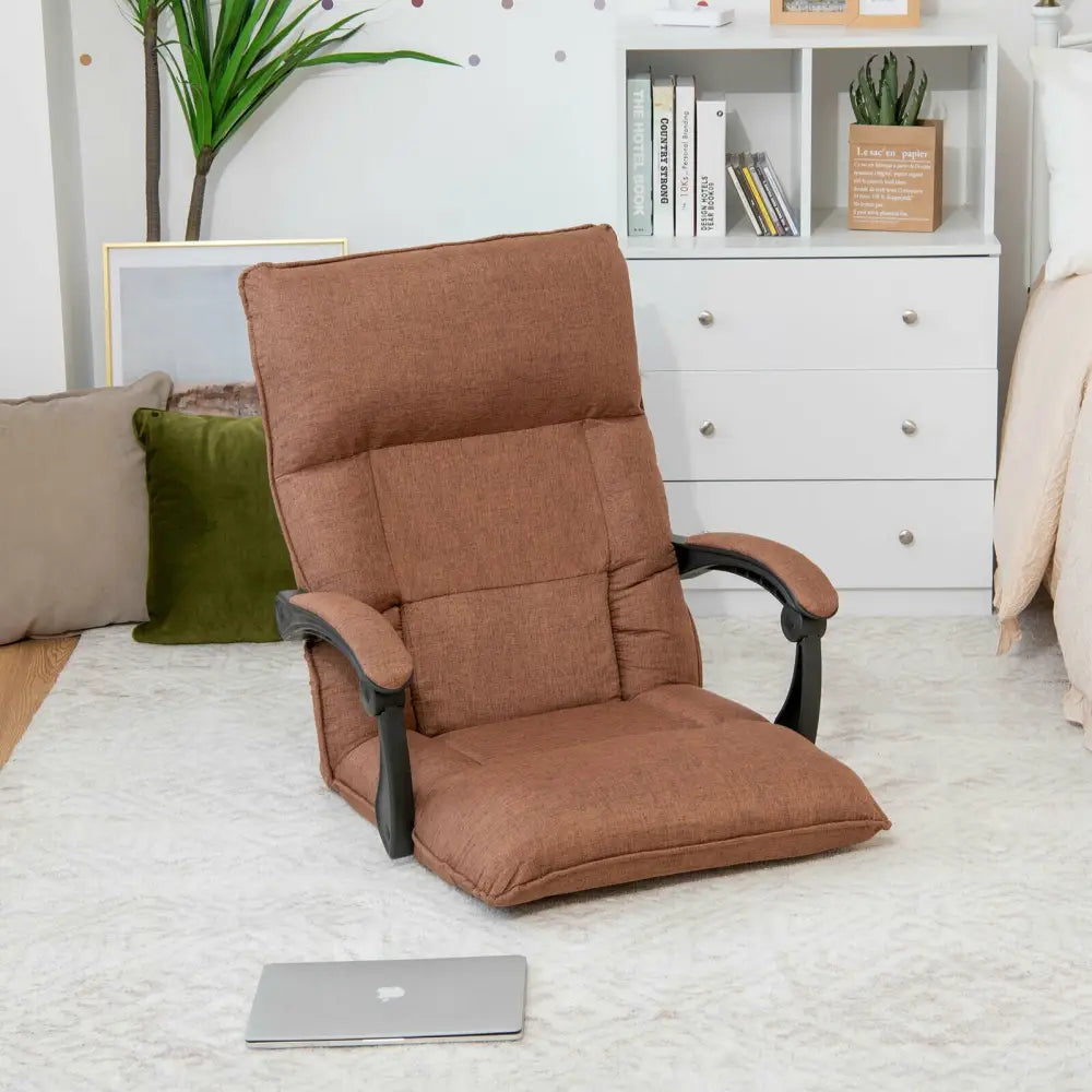 14-Position Adjusting Lazy Sofa Chair with Waist Pillow and Armrests-Coffee - Brown - Floor Chairs