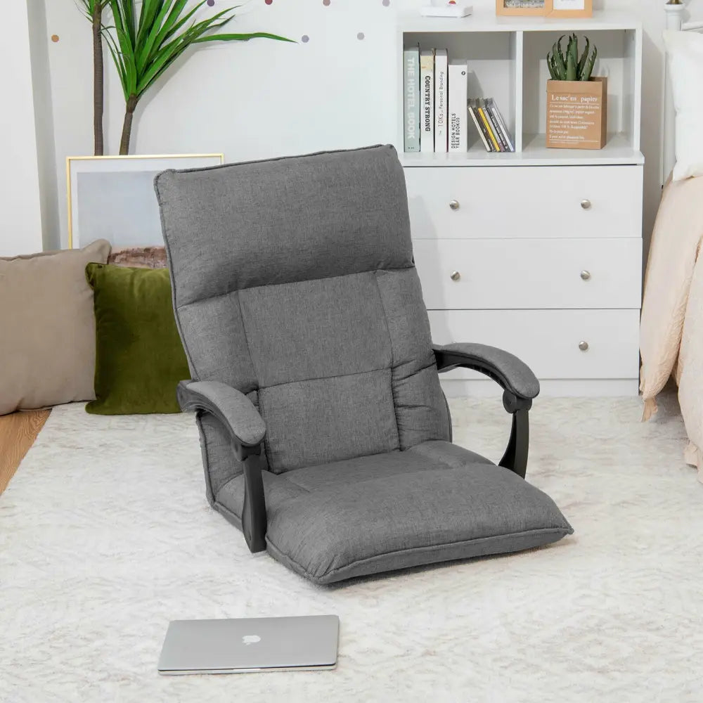 14-Position Adjusting Lazy Sofa Chair with Waist Pillow and Armrests-Gray - Gray - Floor Chairs