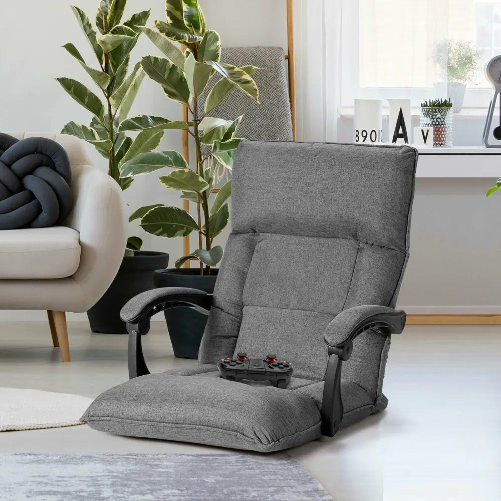 14-Position Adjusting Lazy Sofa Chair with Waist Pillow and Armrests-Gray - Gray - Floor Chairs