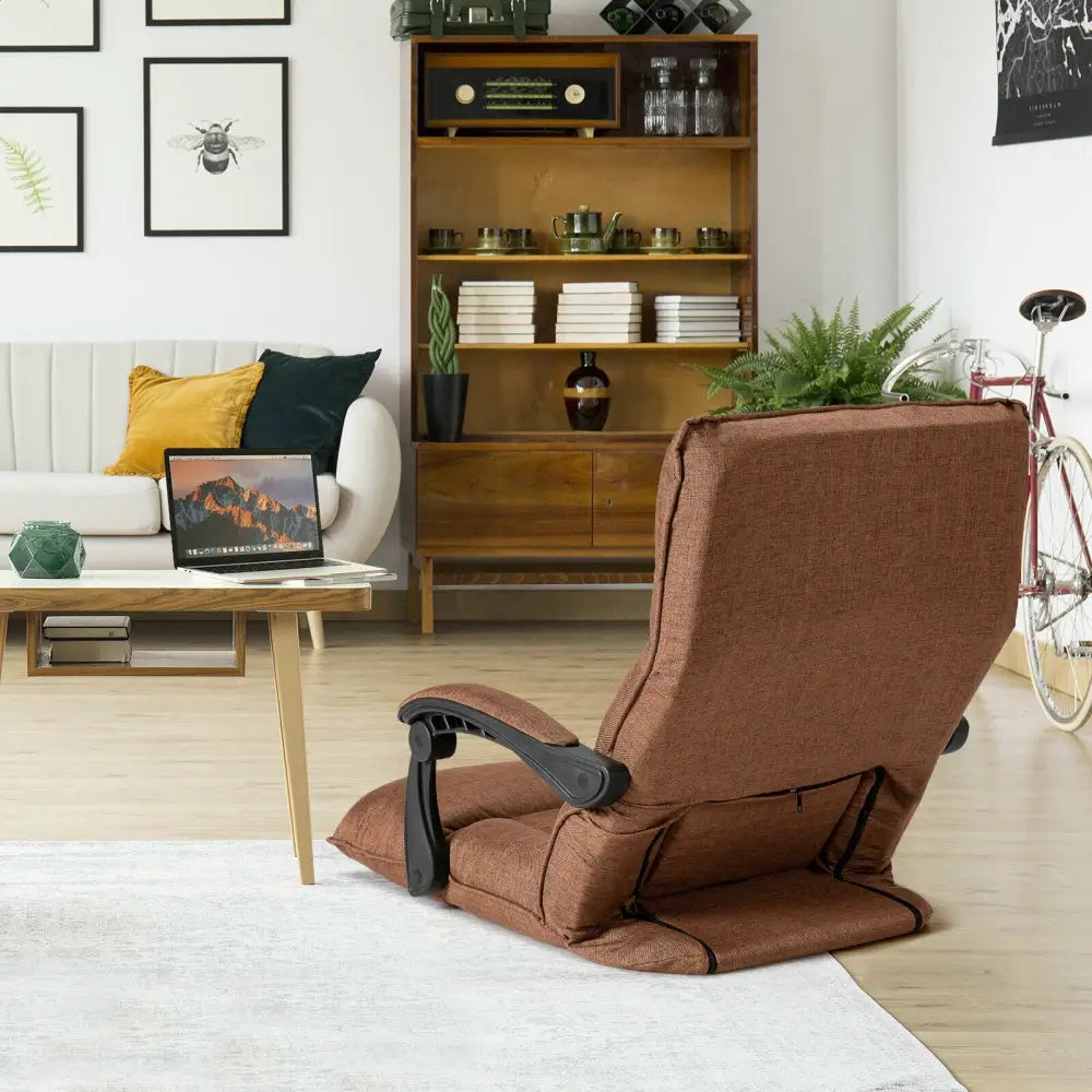 14-Position Adjusting Lazy Sofa Chair with Waist Pillow and Armrests-Coffee - Brown - Floor Chairs