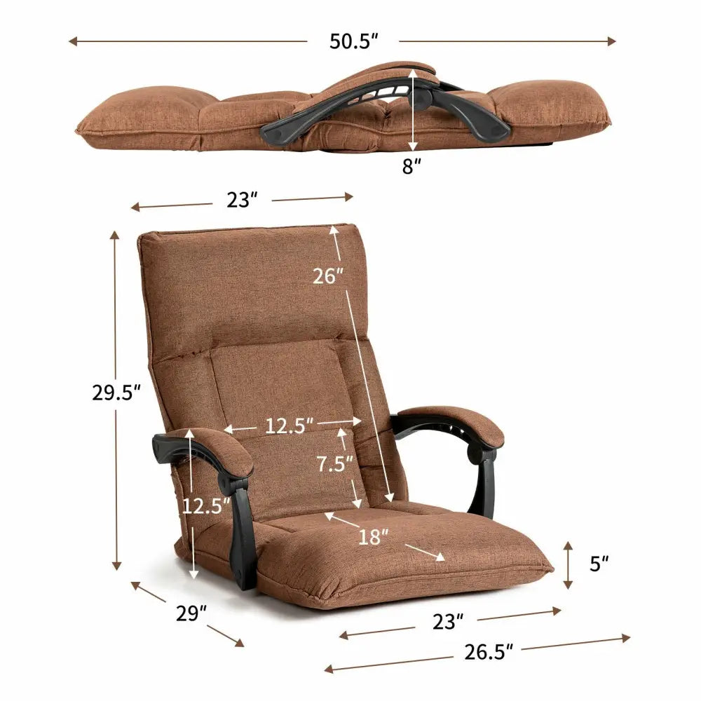 14-Position Adjusting Lazy Sofa Chair with Waist Pillow and Armrests-Coffee - Brown - Floor Chairs