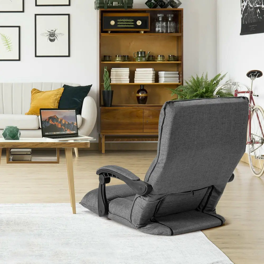 14-Position Adjusting Lazy Sofa Chair with Waist Pillow and Armrests-Gray - Gray - Floor Chairs