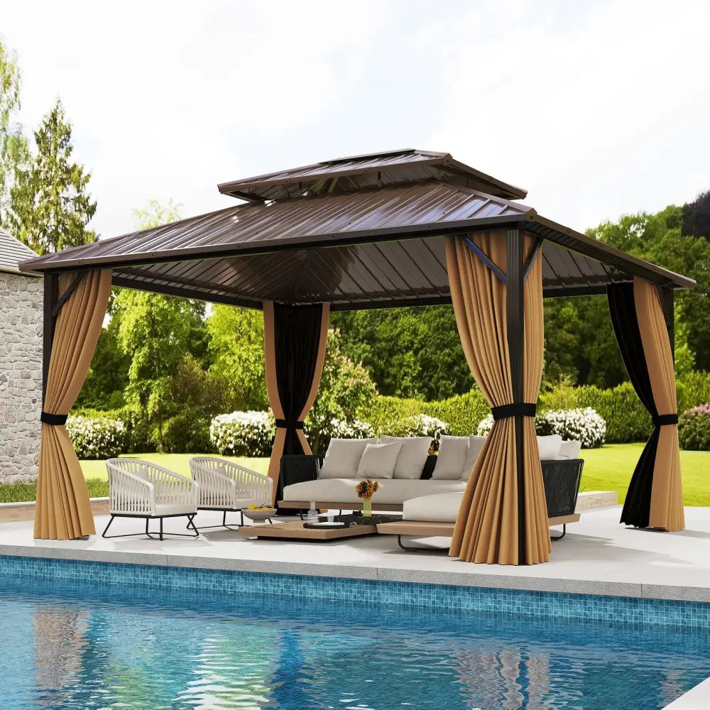 14 x 12 FT Hardtop Gazebo Outdoor Pergola for Patio Garden Deck Lawn Backyard Party Tent-Coffee - Coffee - Gazebos