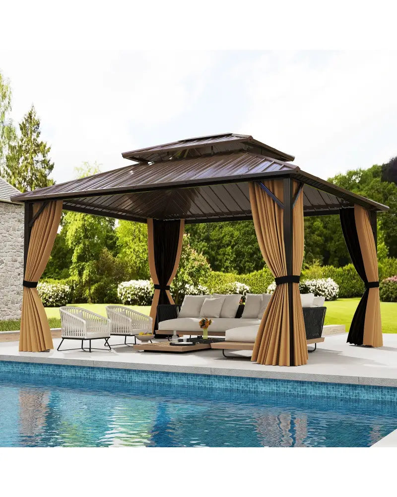 14 x 12 FT Hardtop Gazebo Outdoor Pergola for Patio Garden Deck Lawn Backyard Party Tent-Coffee - Coffee - Gazebos