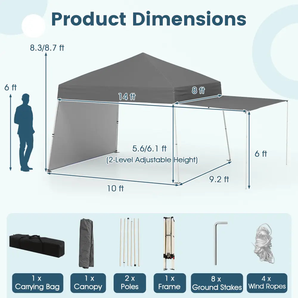 14 x 9.2 Feet Pop up Canopy Tent with 2 Convertible Sidewalls to Awning and Stakes-Gray - Gray - Canopies