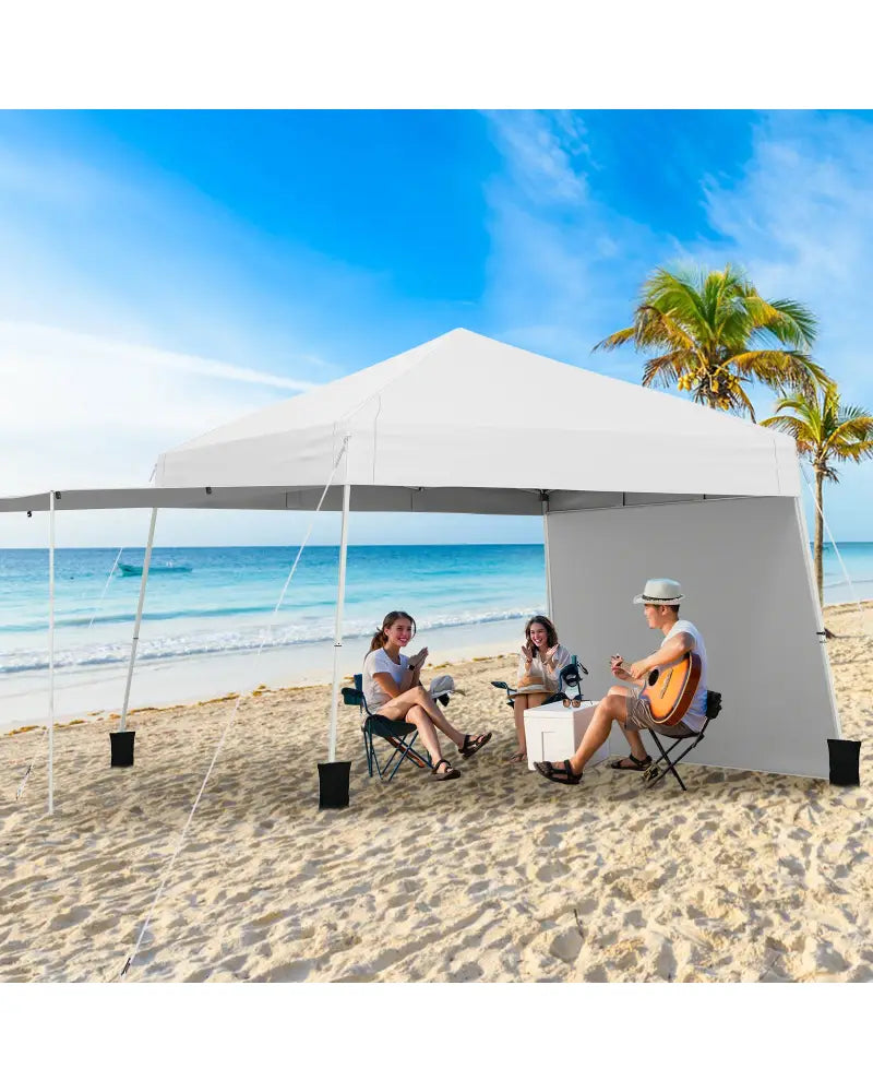 14 x 9.2 Feet Pop up Canopy Tent with 2 Convertible Sidewalls to Awning and Stakes-White - White - Canopies