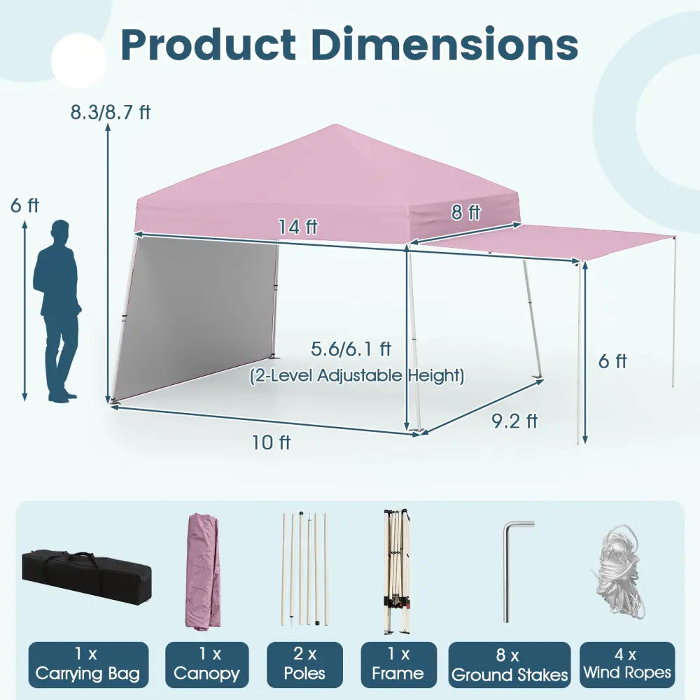 14 x 9.2 Feet Pop up Canopy Tent with 2 Convertible Sidewalls to Awning and Stakes-Pink - Pink - Canopies