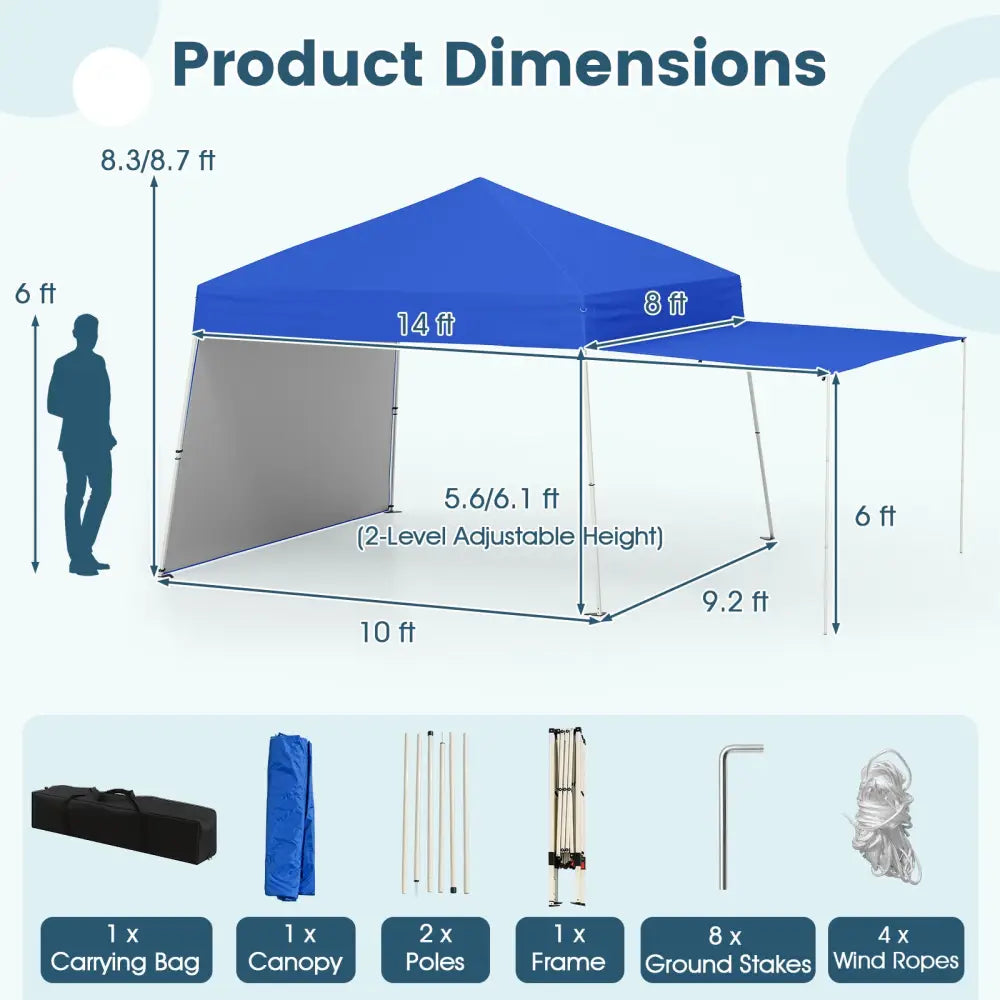 14 x 9.2 Feet Pop up Canopy Tent with 2 Convertible Sidewalls to Awning and Stakes-Blue - Blue - Canopies