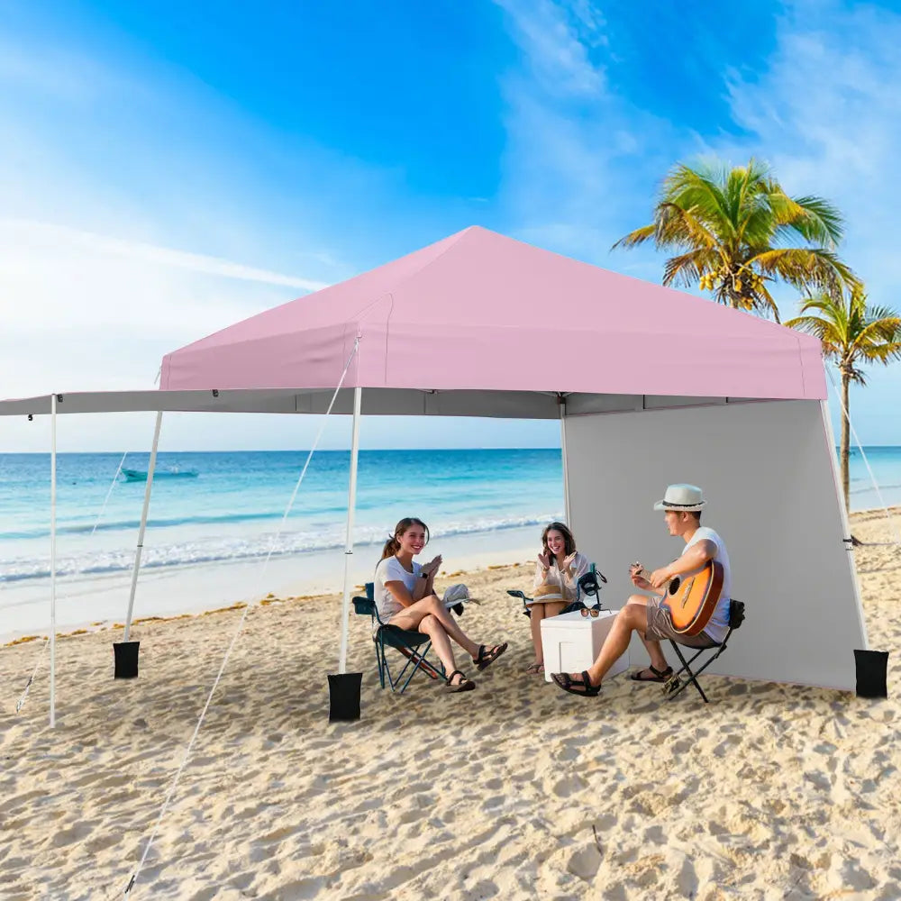 14 x 9.2 Feet Pop up Canopy Tent with 2 Convertible Sidewalls to Awning and Stakes-Pink - Pink - Canopies