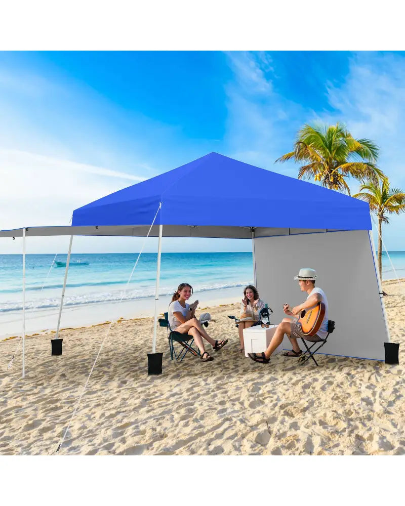 14 x 9.2 Feet Pop up Canopy Tent with 2 Convertible Sidewalls to Awning and Stakes-Blue - Blue - Canopies
