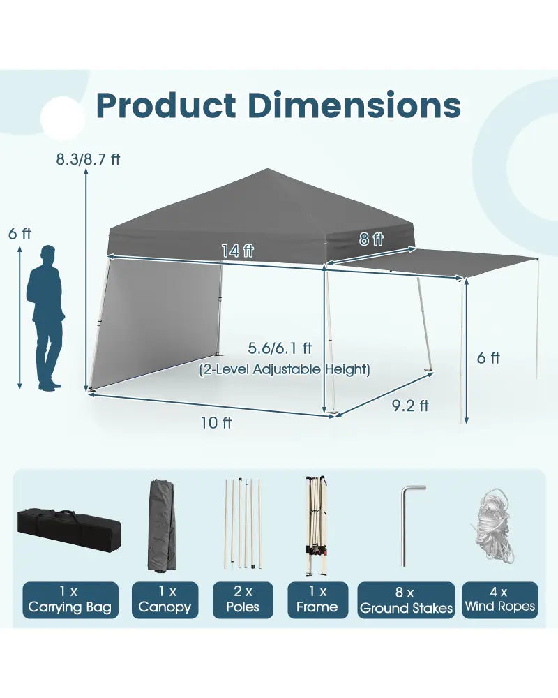 14 x 9.2 Feet Pop up Canopy Tent with 2 Convertible Sidewalls to Awning and Stakes-Gray - Gray - Canopies