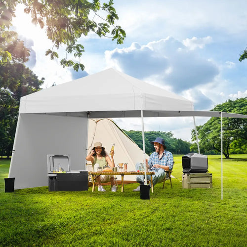 14 x 9.2 Feet Pop up Canopy Tent with 2 Convertible Sidewalls to Awning and Stakes-White - White - Canopies
