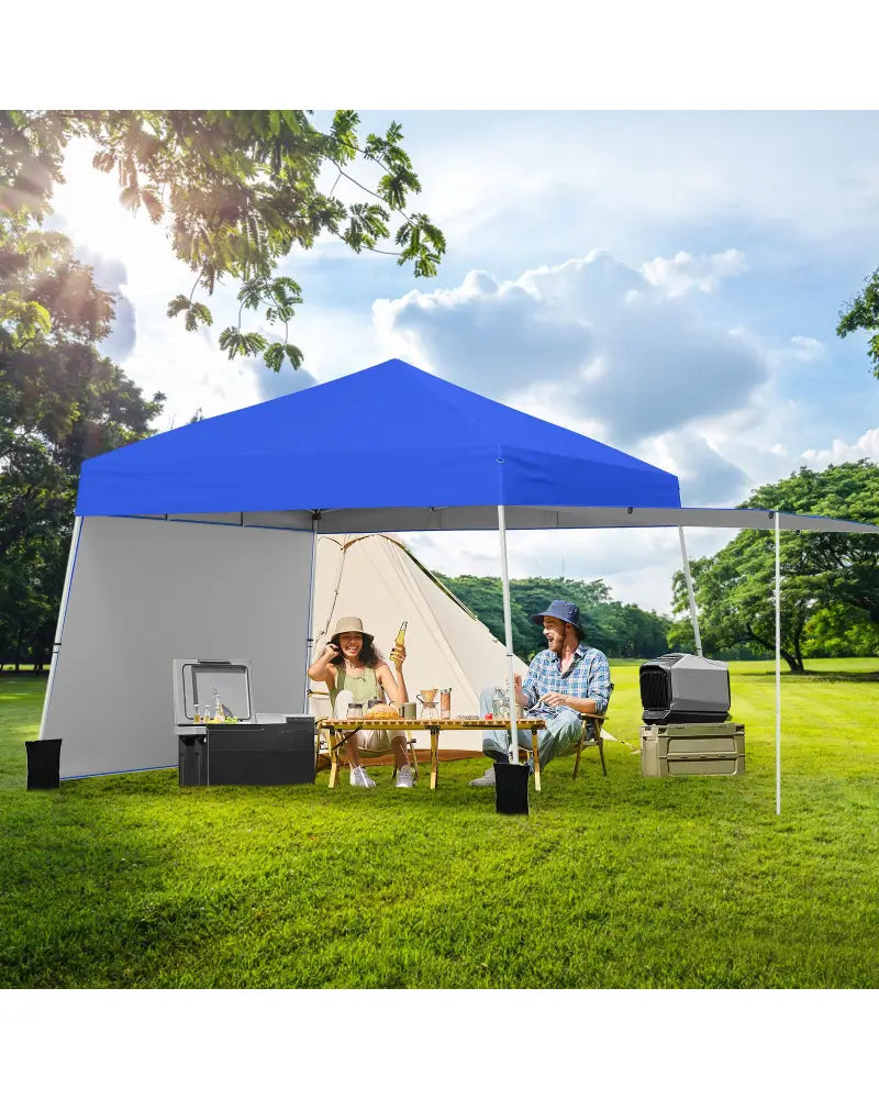 14 x 9.2 Feet Pop up Canopy Tent with 2 Convertible Sidewalls to Awning and Stakes-Blue - Blue - Canopies