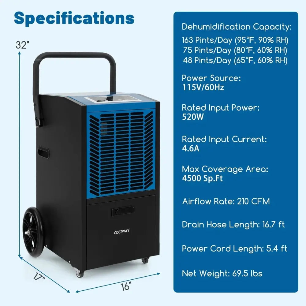 140 Pints Commercial Dehumidifier Crawl Space Dehumidifier with Pump and Drain Hose-Blue Costway