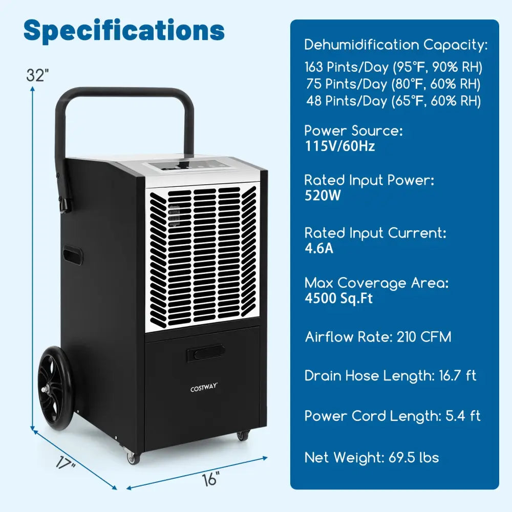 140 Pints Commercial Dehumidifier Crawl Space Dehumidifier with Pump and Drain Hose-White - White - Dehumidifiers
