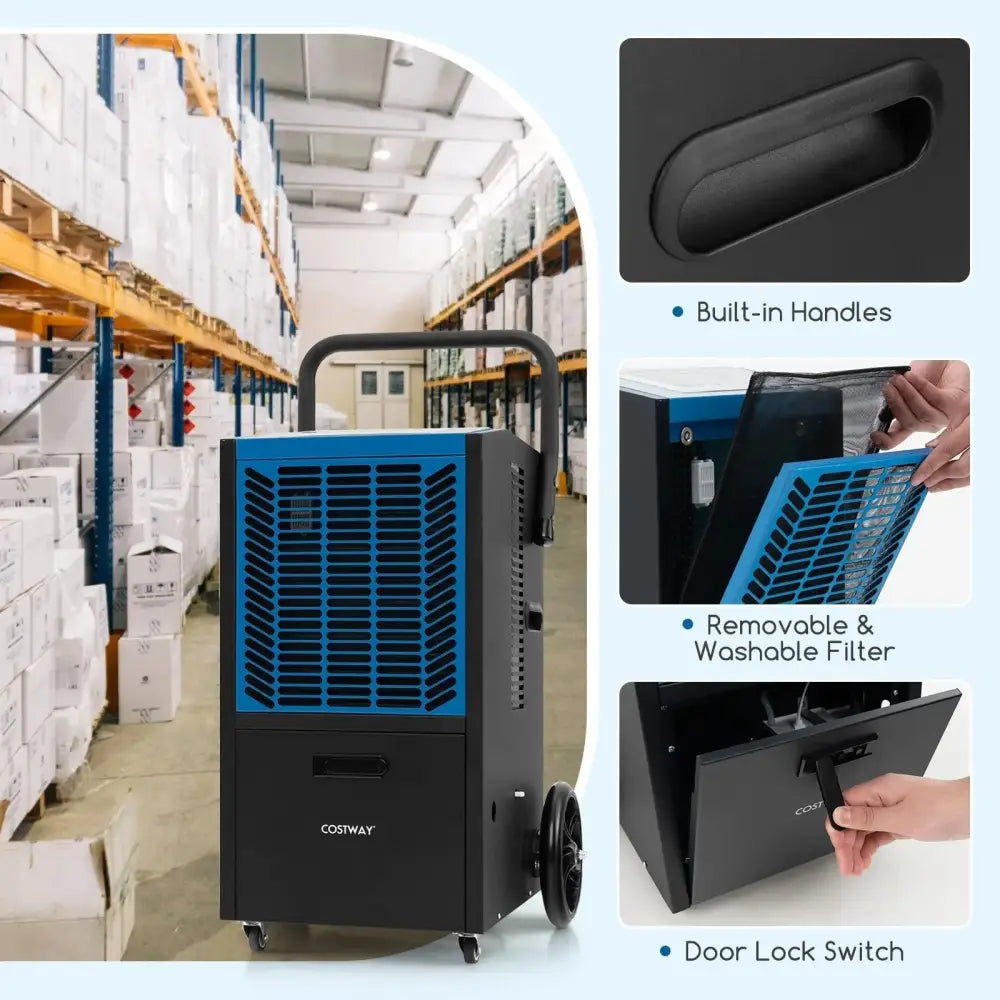 140 Pints Commercial Dehumidifier Crawl Space Dehumidifier with Pump and Drain Hose-Blue Costway