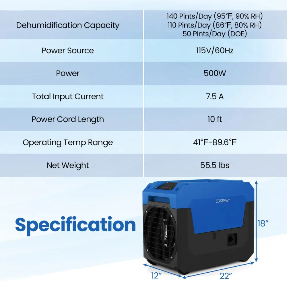140 Pints Commercial Dehumidifier with Pump and Drain Hose-Blue - Blue - Dehumidifiers
