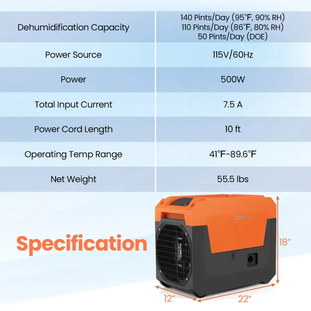 140 Pints Commercial Dehumidifier with Pump and Drain Hose-Orange - Orange - Dehumidifiers