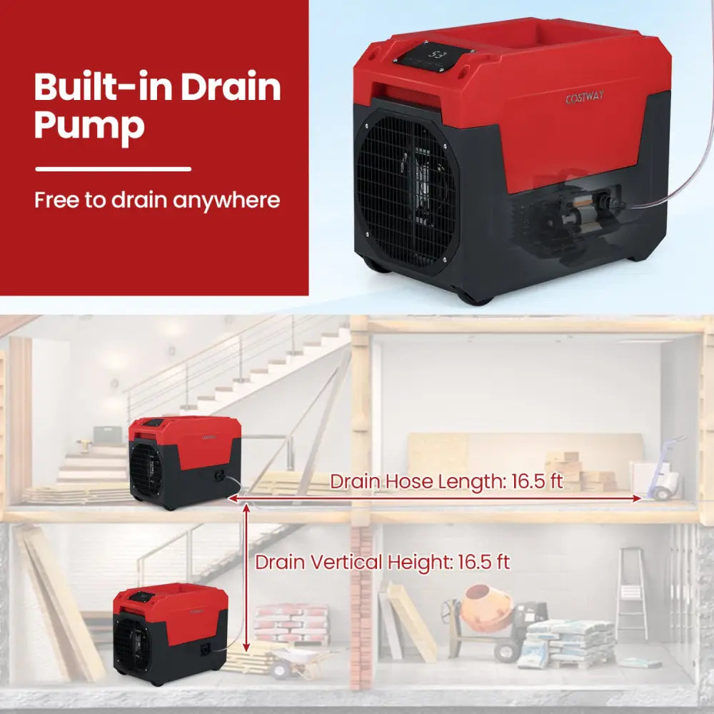 140 Pints Commercial Dehumidifier with Pump and Drain Hose-Red - Red - Dehumidifiers