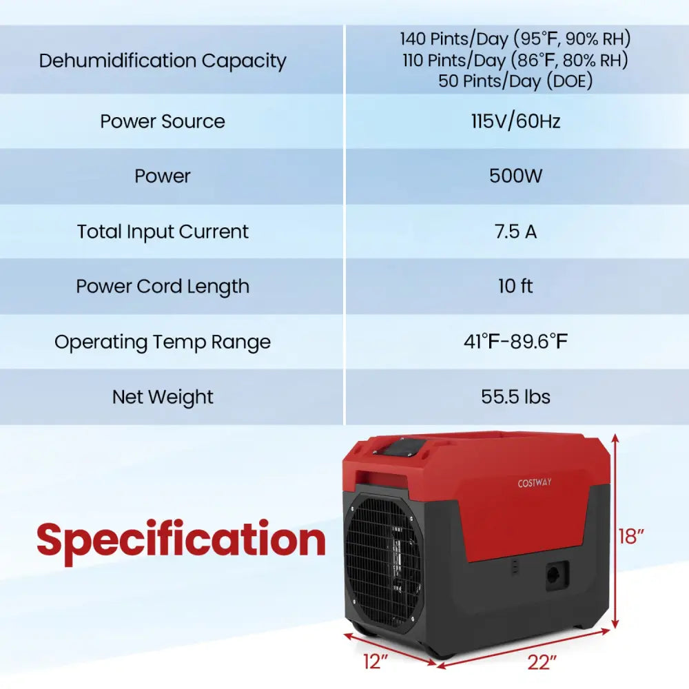 140 Pints Commercial Dehumidifier with Pump and Drain Hose-Red - Red - Dehumidifiers