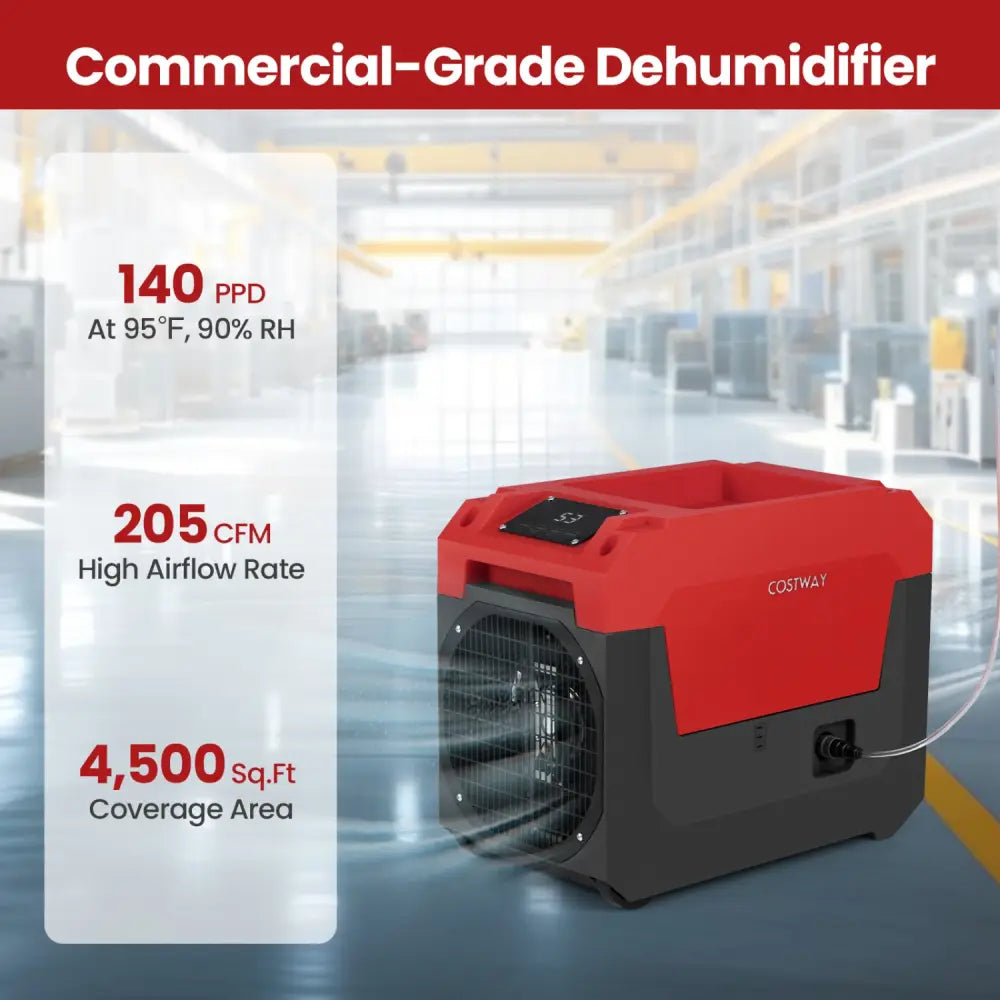 140 Pints Commercial Dehumidifier with Pump and Drain Hose-Red - Red - Dehumidifiers
