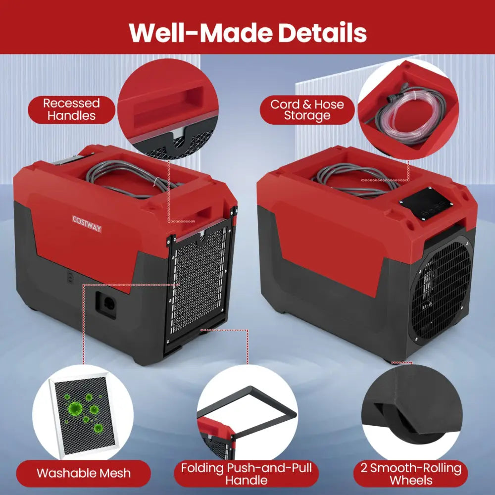 140 Pints Commercial Dehumidifier with Pump and Drain Hose-Red - Red - Dehumidifiers