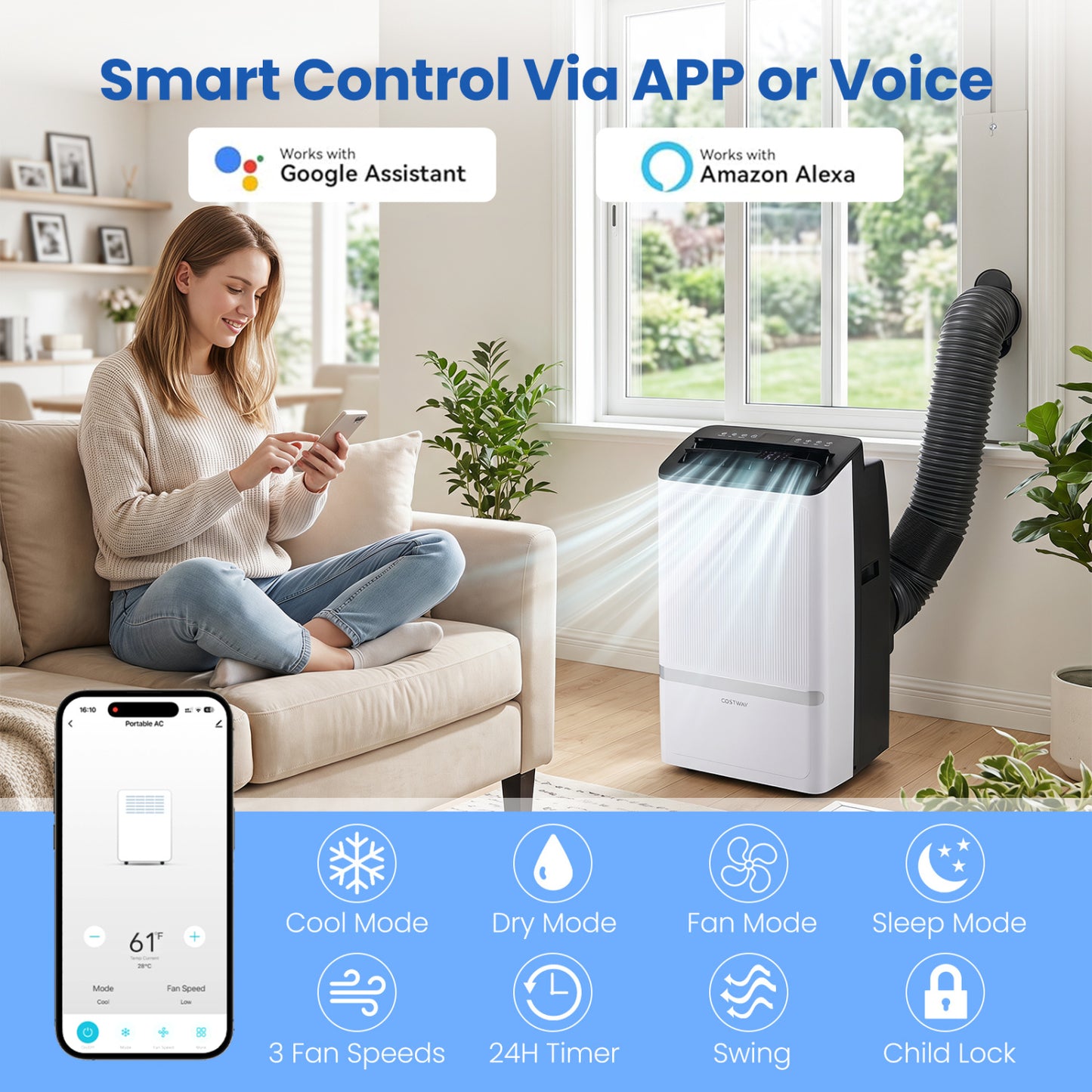 14000 BTU WiFi Enabled Portable Air Conditioner with Dehumidifier and 24H Timer-Black