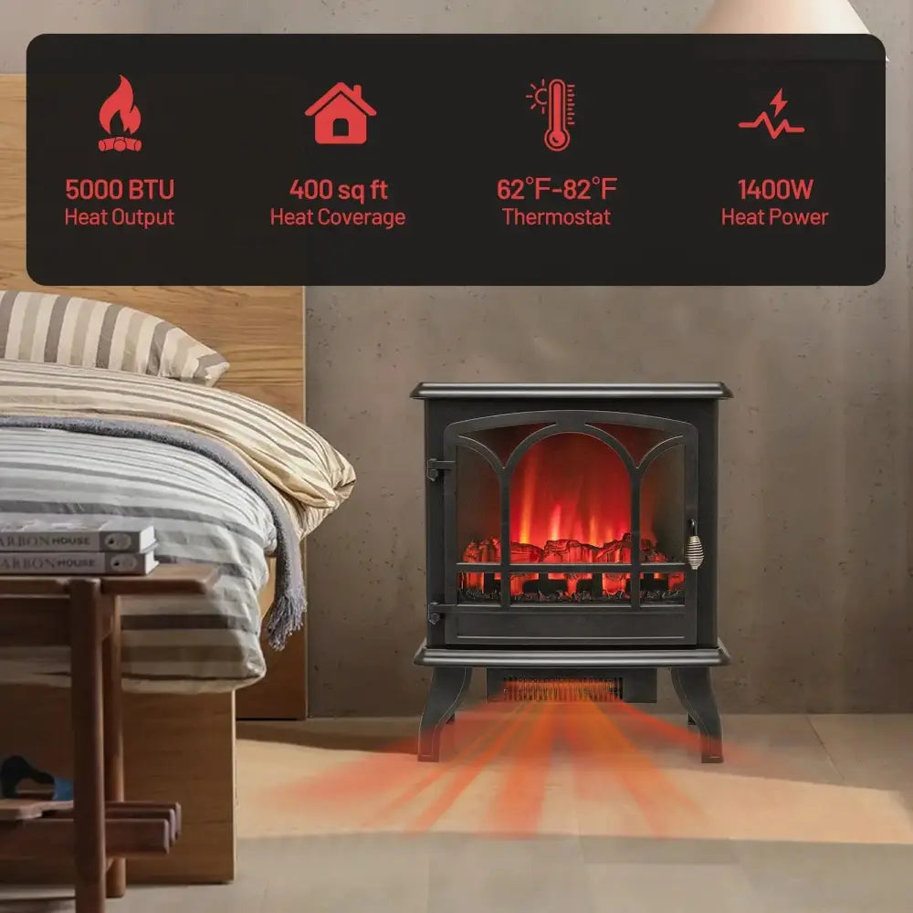 1400W Electric Stove Heater with 3-Level Flame Effect and 3-Sided View-Black Costway