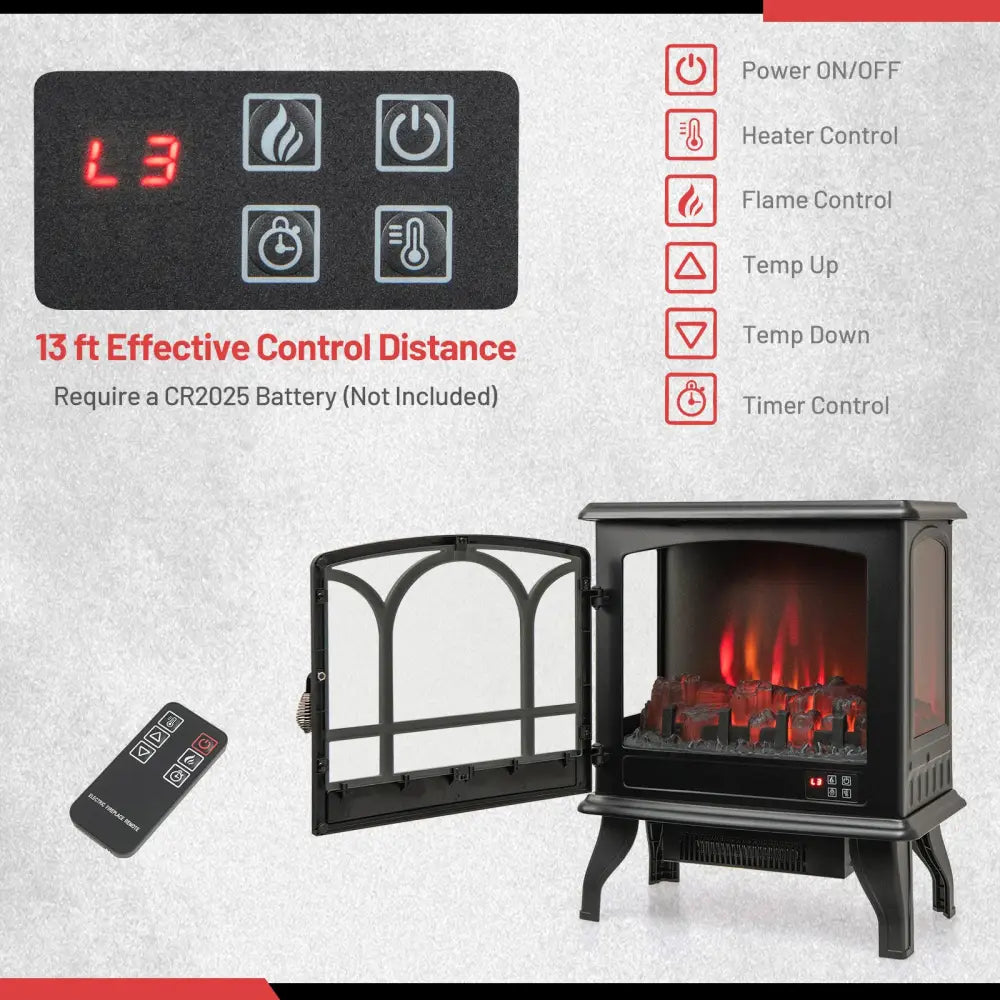 1400W Electric Stove Heater with 3-Level Flame Effect and 3-Sided View-Black - Black - Fireplaces