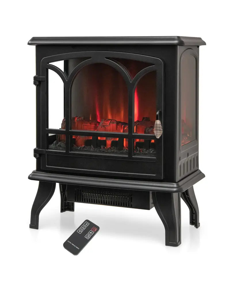 1400W Electric Stove Heater with 3-Level Flame Effect and 3-Sided View-Black - Black - Fireplaces