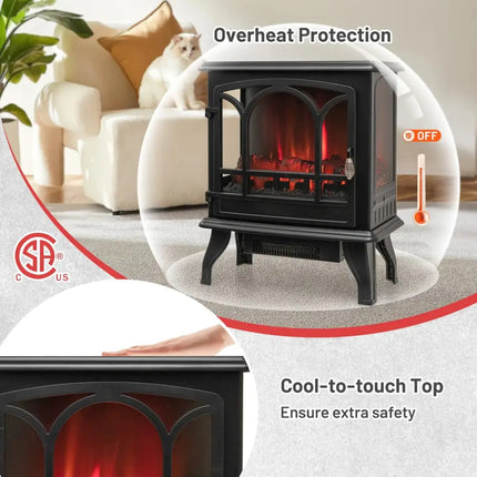 1400W Electric Stove Heater with 3-Level Flame Effect and 3-Sided View-Black Costway