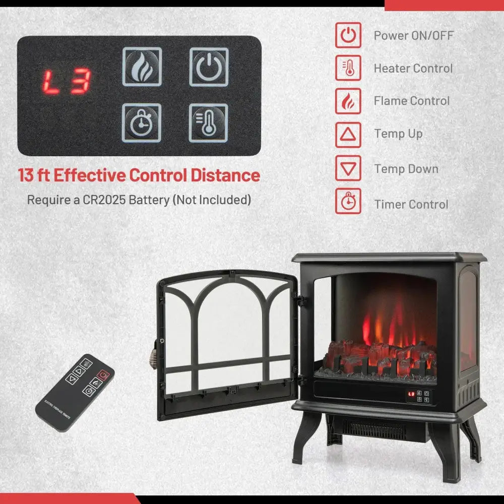1400W Electric Stove Heater with 3-Level Flame Effect and 3-Sided View-Black Costway