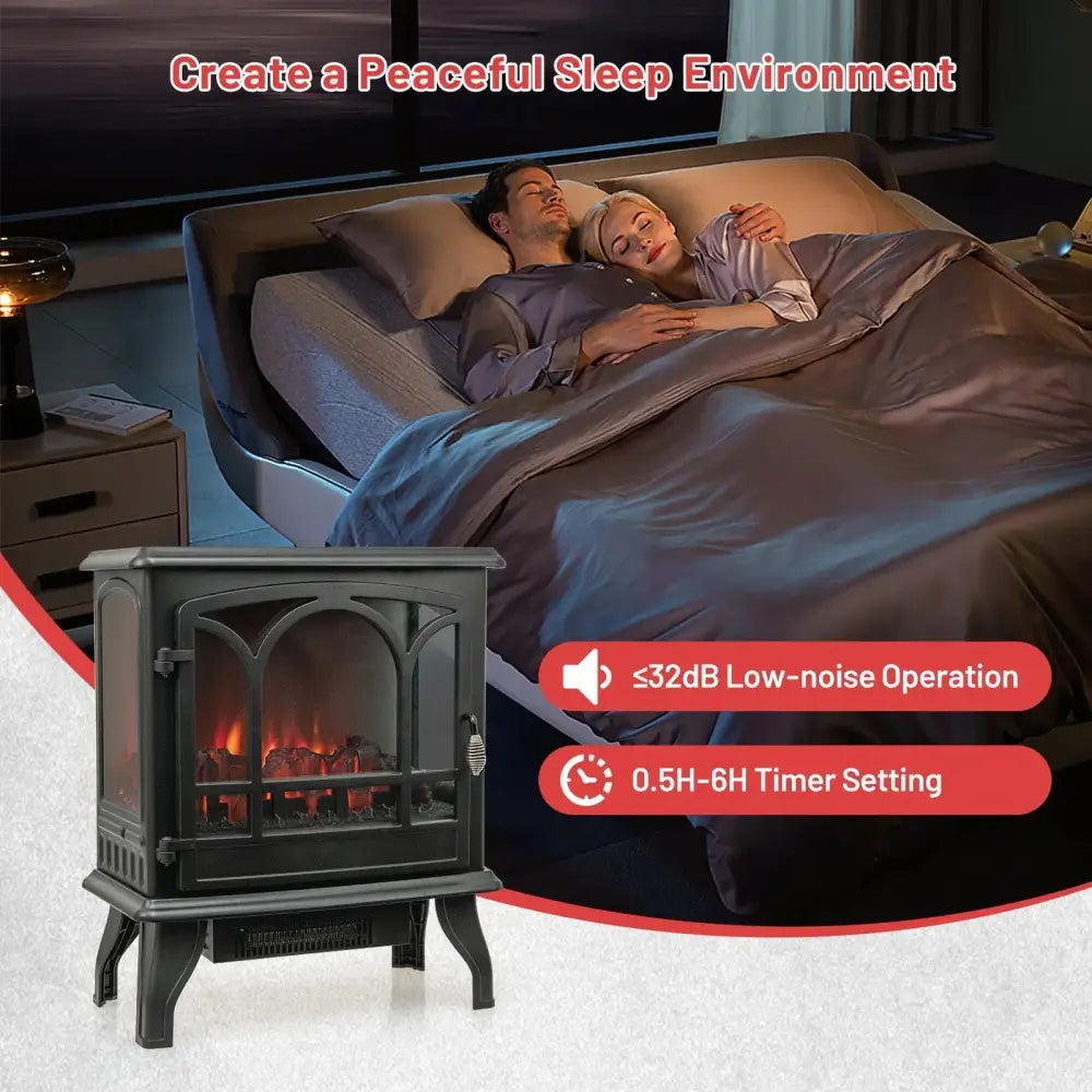 1400W Electric Stove Heater with 3-Level Flame Effect and 3-Sided View-Black Costway