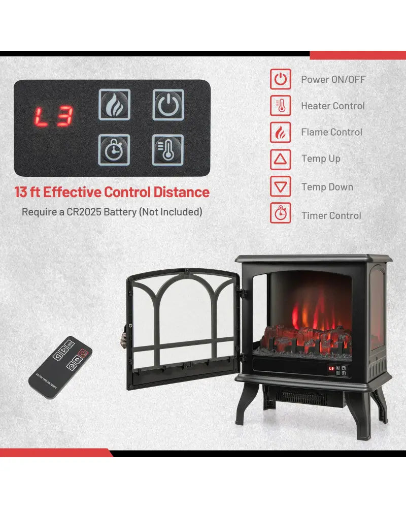 1400W Electric Stove Heater with 3-Level Flame Effect and 3-Sided View-Black - Black - Fireplaces