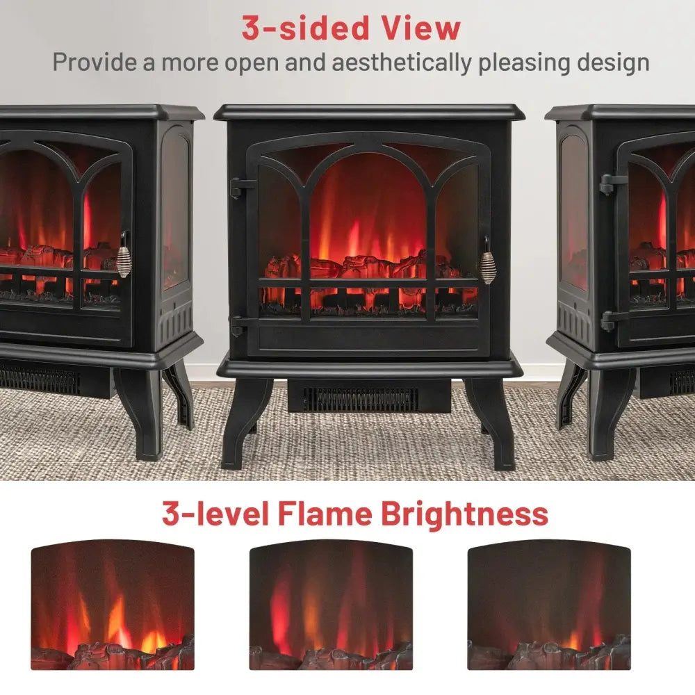 1400W Electric Stove Heater with 3-Level Flame Effect and 3-Sided View-Black Costway