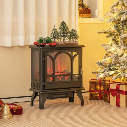 1400W Electric Stove Heater with 3-Level Flame Effect and 3-Sided View-Black - Black - Fireplaces