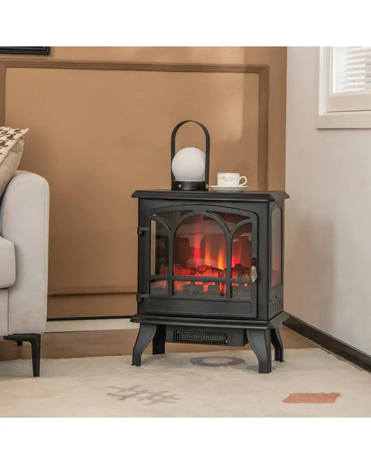 1400W Electric Stove Heater with 3-Level Flame Effect and 3-Sided View-Black - Black - Fireplaces