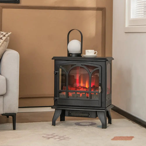 1400W Electric Stove Heater with 3-Level Flame Effect and 3-Sided View-Black - Black - Fireplaces
