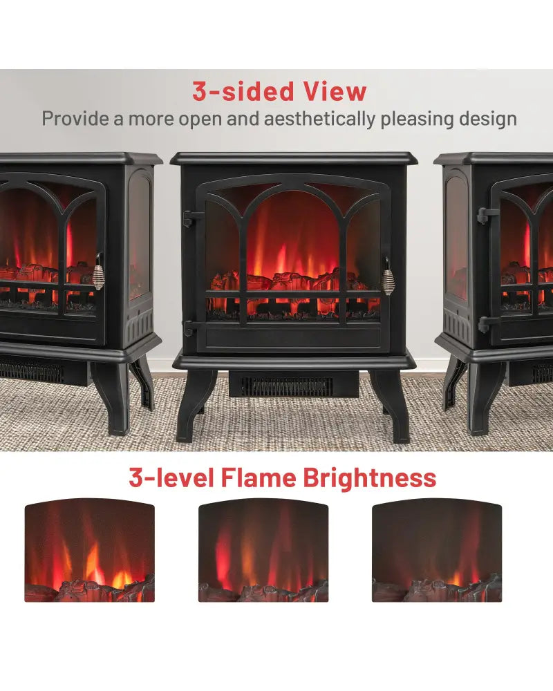 1400W Electric Stove Heater with 3-Level Flame Effect and 3-Sided View-Black - Black - Fireplaces