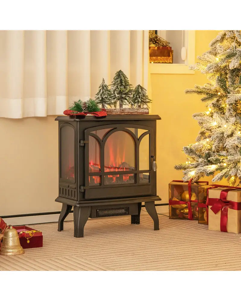 1400W Electric Stove Heater with 3-Level Flame Effect and 3-Sided View-Black - Black - Fireplaces