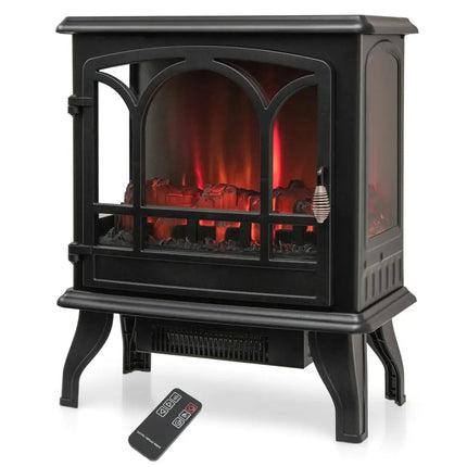 1400W Electric Stove Heater with 3-Level Flame Effect and 3-Sided View-Black Costway