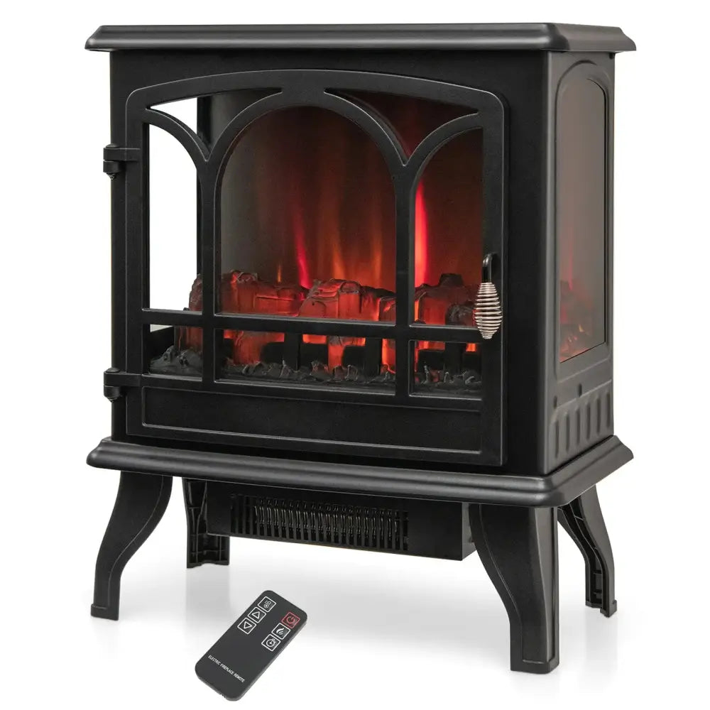 1400W Electric Stove Heater with 3-Level Flame Effect and 3-Sided View-Black Costway